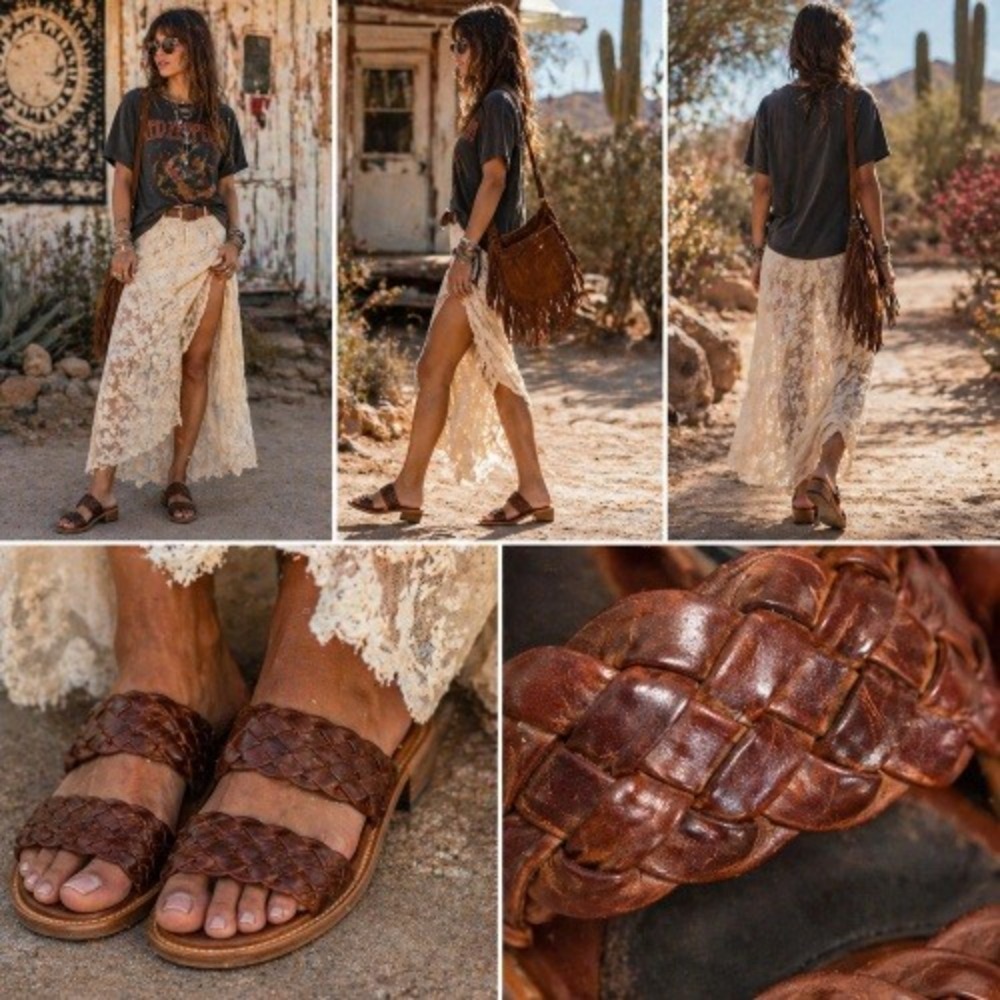 Freebird Ginger braided distressed leather sandals Womens 7 Boho Indie Grunge
